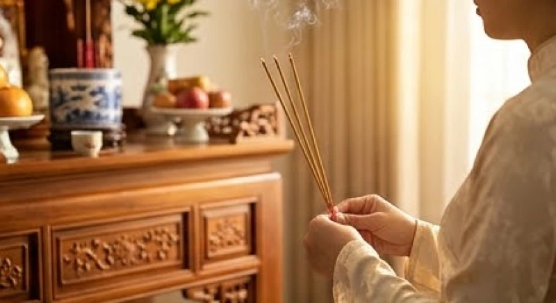 Gia chủ mặc trang phục lịch sự chắp tay cầm ba nén hương cháy đỏ khi đọc văn khấn chuyển bàn thờ Thần Tài