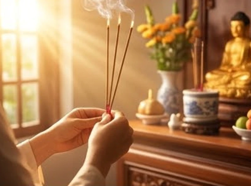 Ánh nắng buổi sáng chiếu rọi vào ban thờ khi gia chủ đang thắp nén nhang cầu nguyện sinh quý tử