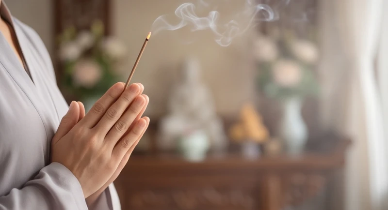 Đôi bàn tay chắp lại thành kính thắp nén nhang trước tượng Phật trong làn khói mờ ảo