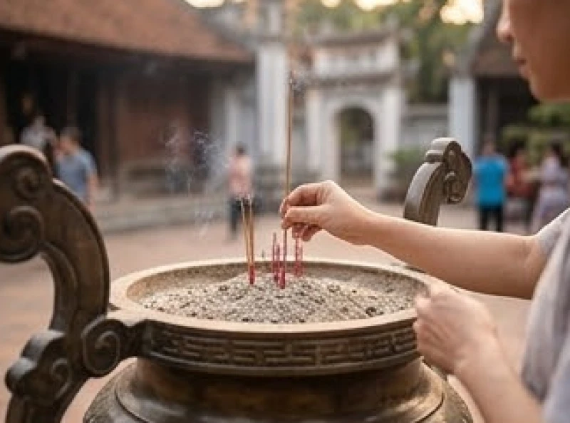 Người đi lễ cắm nén hương vào chiếc lư đồng lớn đặt ở sân ngoài trước khi tiến vào chính điện