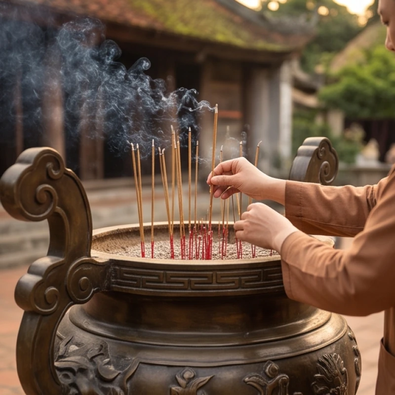 Tín chủ chắp tay thành tâm thắp nén nhang tại lư đồng lớn giữa sân đền trước khi vào nội điện