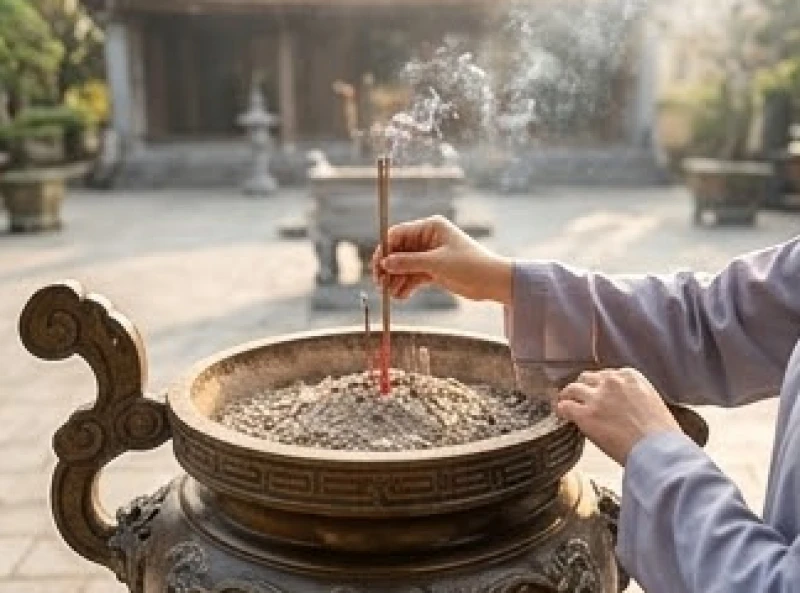 Bàn tay cắm nén hương thơm vào chiếc lư hương lớn bằng đồng đặt giữa sân chùa đầy khói tỏa