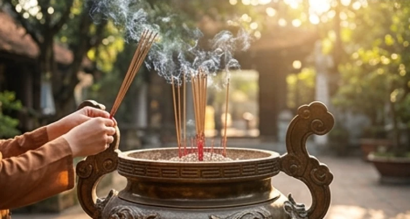 Người đi lễ thắp hương tại lư đồng lớn ngoài sân đền trước khi tiến vào các ban thờ chính diện
