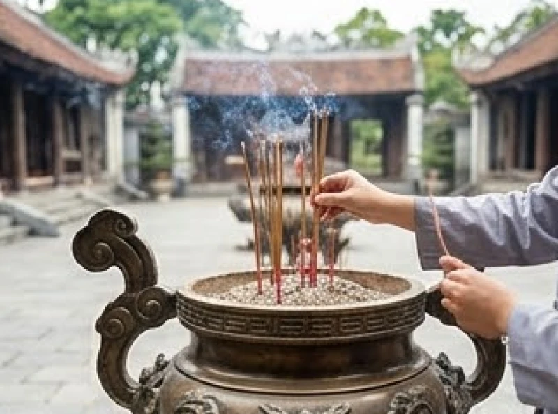 Người đi lễ cẩn thận cắm nén hương cháy đỏ vào chiếc lư đồng lớn đặt giữa khoảng sân rộng của đình làng