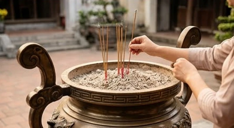 Văn khấn xin lộc Đền Ghềnh: Hướng dẫn cầu tài, sắm lễ chi tiết 7 Người đi lễ cắm nhang vào chiếc lư hương lớn bằng đồng đặt tại sân ngoài đền