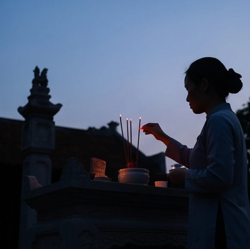 Người thắp hương đang cẩn thận cắm ba nén nhang đỏ vào bát hương trên bàn Thiên dưới ánh chiều tà