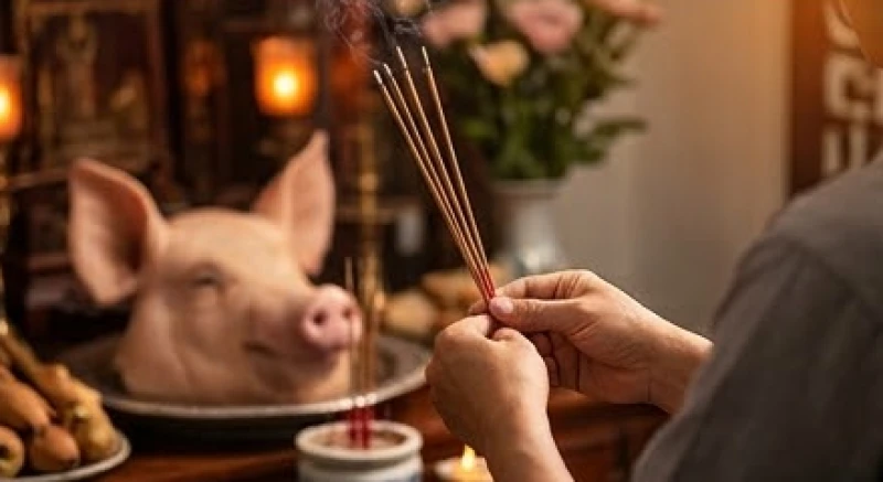 Đôi bàn tay thành kính thắp nén nhang trầm trước mâm cúng đầu heo luộc