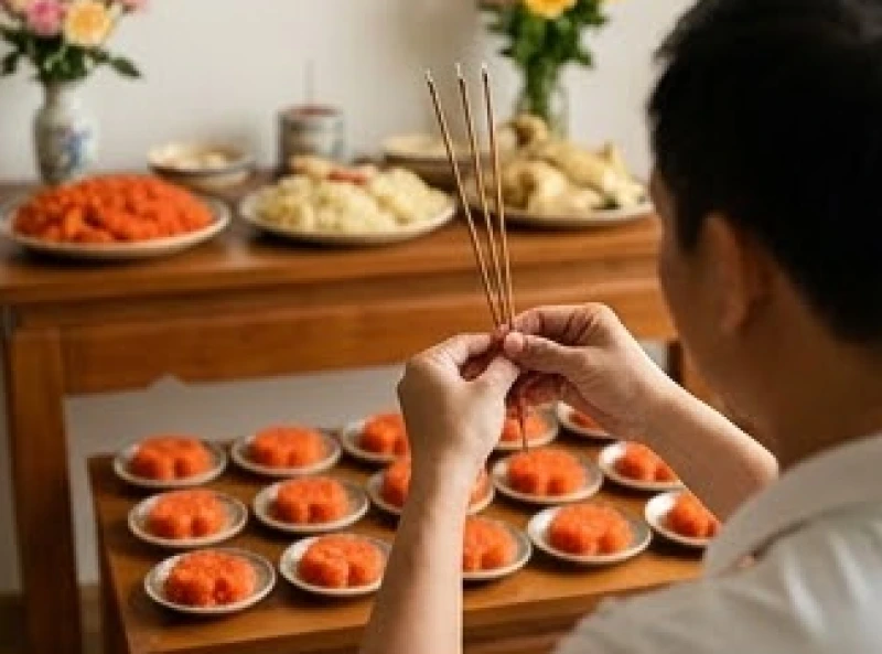 Chủ lễ dâng 3 nén hương đang cháy lên ngang trán trước khi cắm vào bát nhang