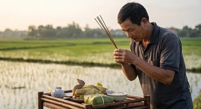 Văn khấn xuống đồng đầu năm: bài khấn Thần Nông & sắm lễ 5 Gia chủ thành kính thắp ba nén hương tại bàn cúng đặt ven bờ ruộng lúa đầu năm cầu mưa thuận gió hòa.