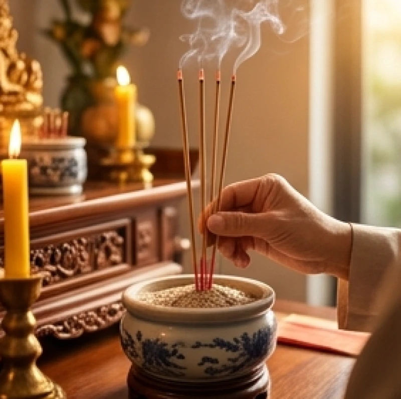 Gia chủ thắp ba nén hương cháy đượm rồi cẩn thận cắm vào bát hương trên mâm cúng tạ đất