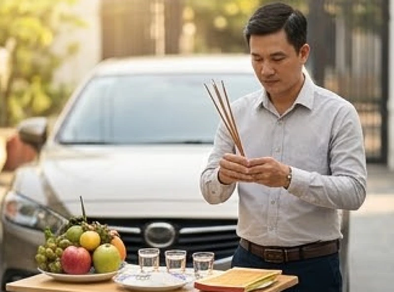 Gia chủ thành kính cầm ba nén nhang đứng thắp trước mâm lễ đặt ở mũi xe sau khi khấn vái gia tiên
