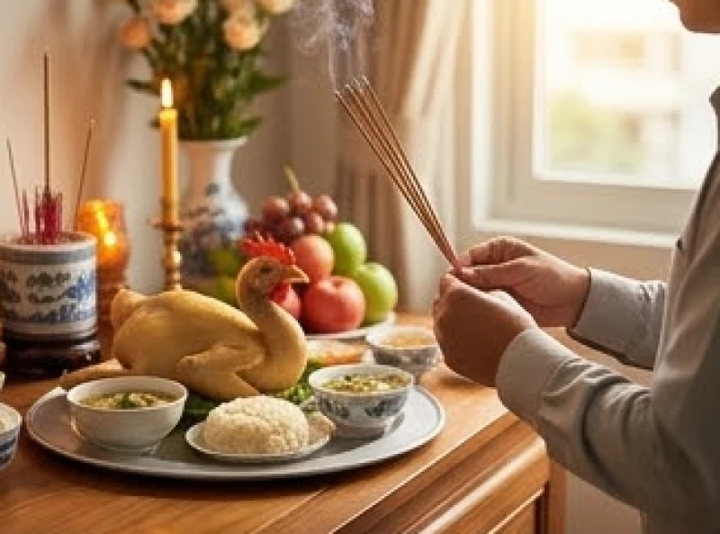 Thành viên trong gia đình chắp tay kính cẩn thắp hương dâng mâm cỗ mặn lên bàn thờ gia tiên trong nhà