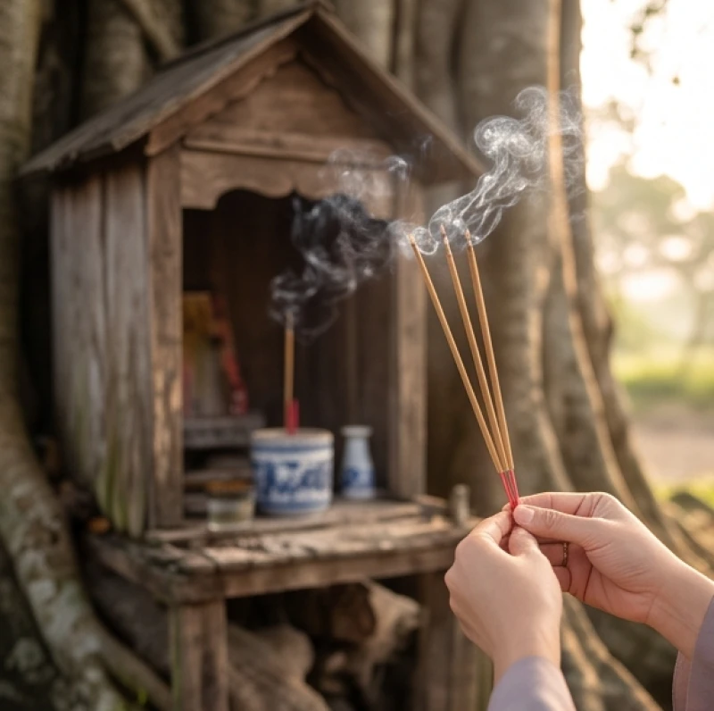 Văn khấn miếu cây: Bài cúng rằm mùng 1 và quy tắc sắm lễ 2 Người hành lễ cẩn trọng thắp ba nén nhang dâng lên miếu cây cổ thụ trong bình minh
