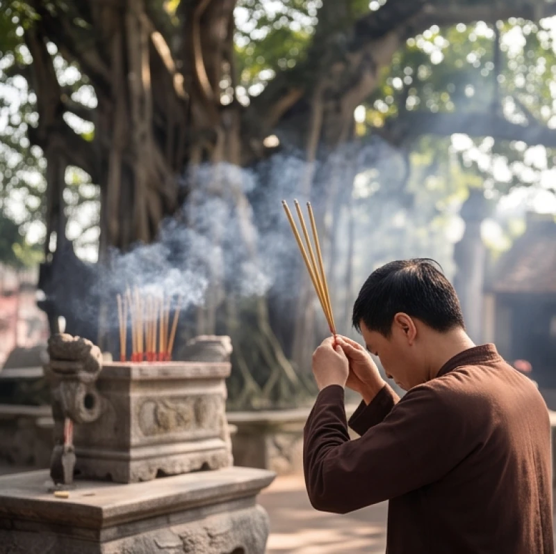 Người đi lễ dùng hai tay thành kính dâng ba nén hương trầm hướng về bát nhang dưới gốc cây đa cổ thụ