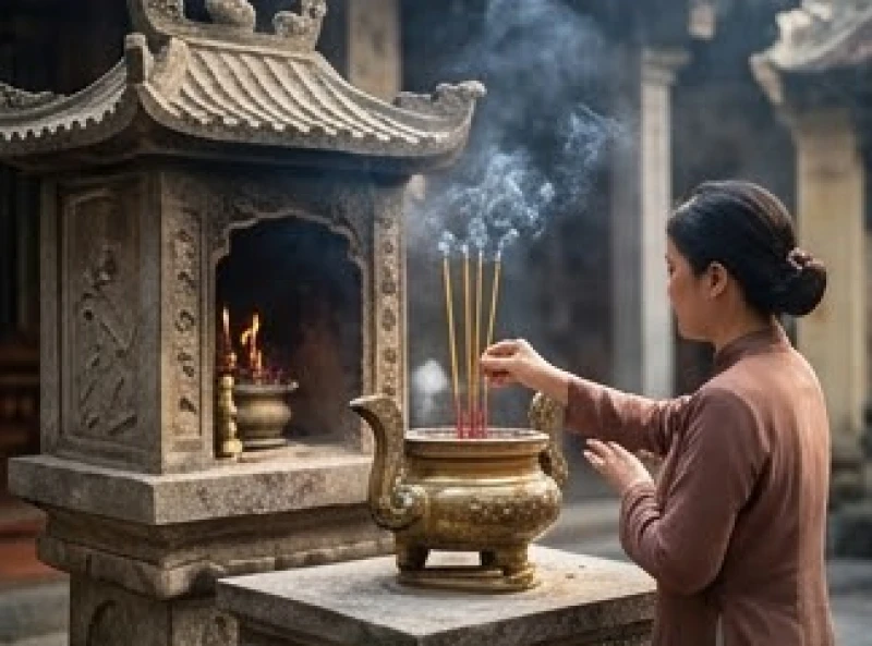 Tín chủ thắp hương trình báo tại Miếu Sơn Thần trước khi tiến vào các ban thờ chính