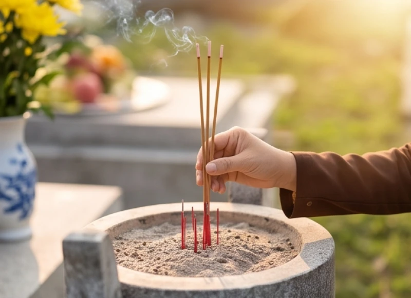 Người đi viếng đang dùng hai tay thành kính cắm ba nén nhang vào bát hương trung tâm tại miếu Quan Thần Linh