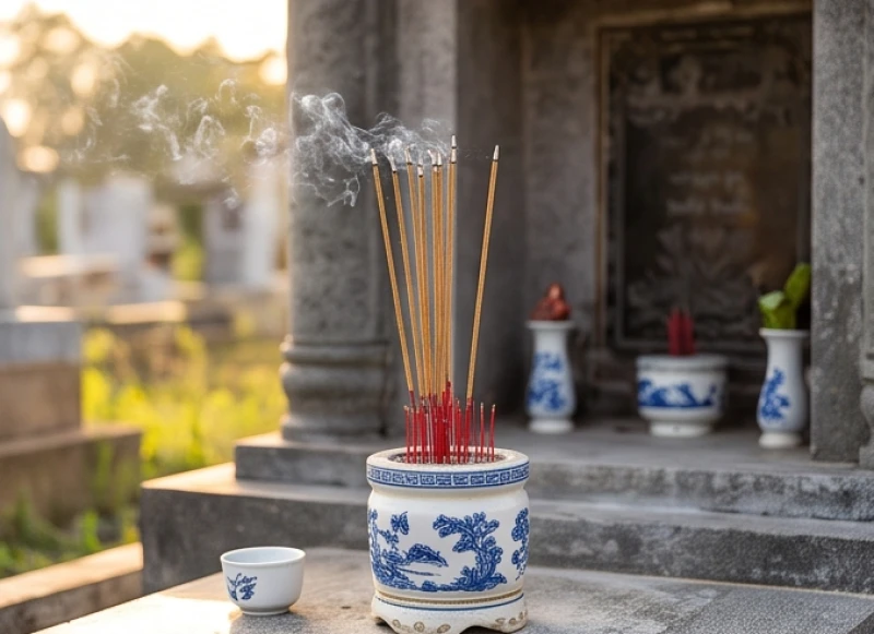 Bát hương nghi ngút khói tại ban thờ Quan Thần linh cai quản nghĩa trang trong nghi thức lễ tạ mộ