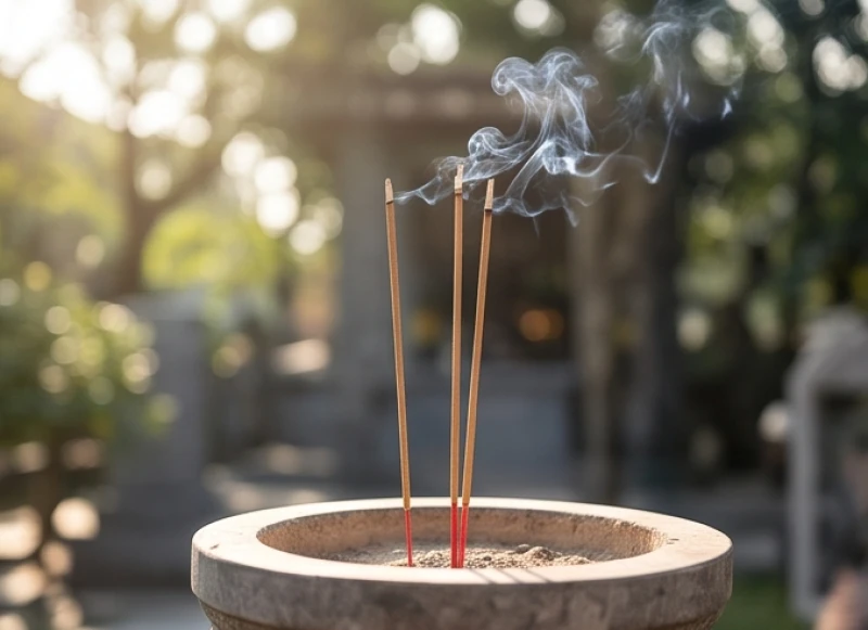 Nén nhang trầm cháy đỏ được cắm ngay ngắn trên bát hương bằng đá ngoài trời