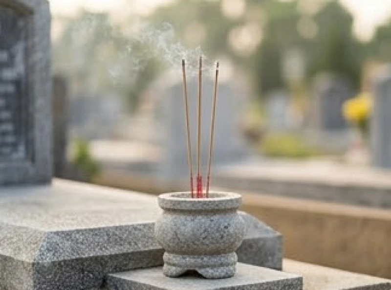 Văn khấn ngoài mộ trước ngày giỗ: Trình tự và bài cúng chuẩn 2 Ba nén nhang cháy đỏ rực được cắm ngay ngắn trên bát hương bằng đá tại khu lăng mộ gia đình