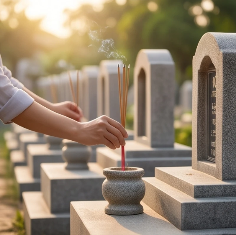 Văn khấn giỗ cha: Mẫu bài cúng chuẩn và trình tự hành lễ 8 Đôi tay thành kính thắp thêm những nén hương cho các phần mộ xung quanh