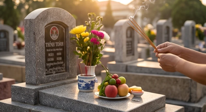 Thực hiện nghi thức thắp hương và dâng lễ vật tại phần mộ để mời vong linh người vợ về dự lễ Đại Tường