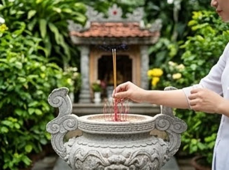 Người đi viếng chắp tay thành kính thắp một nén hương tại bệ thờ mộ Quan thần linh