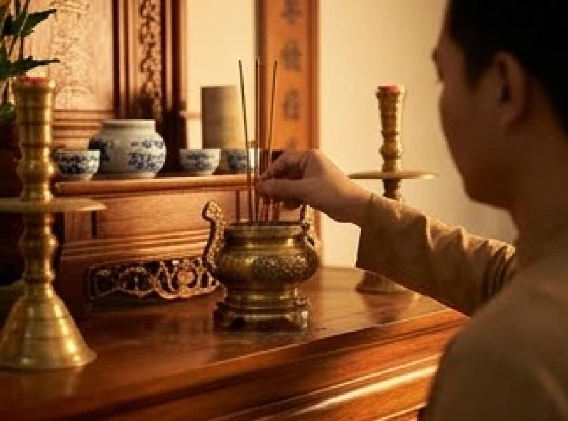 Gia chủ trang nghiêm dâng hương và thực hiện nghi thức khấn nguyện mùng một tại ban thờ gia tiên
