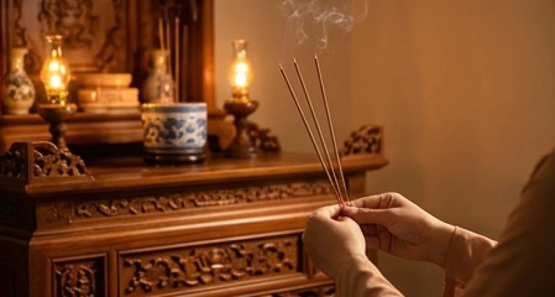 Bàn tay thành kính dâng ba nén tâm nhang lên ban thờ đang rực sáng ánh đèn dầu và khói tỏa trầm ấm