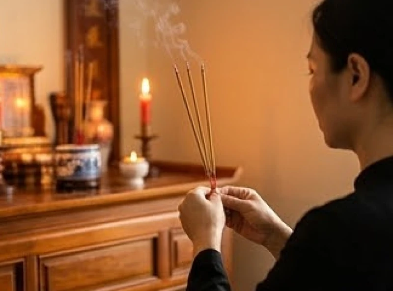 Văn khấn giỗ đầu chồng: Cách sắm lễ và mẫu bài cúng chuẩn 2 Người vợ thắp nén hương thành kính dâng lên người chồng trong ngày giỗ đầu