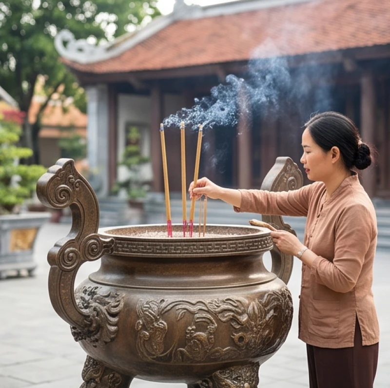 Người đi lễ thắp ba nén nhang lớn tại chiếc lư đồng đặt giữa sân rộng trước tiền đường