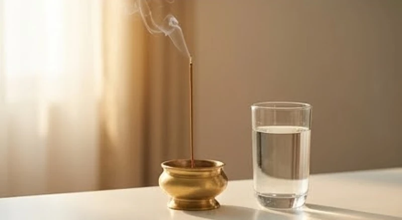 Một nén nhang trầm sạch đang tỏa khói mỏng manh bên cạnh ly nước tịnh dâng Phật mỗi sáng
