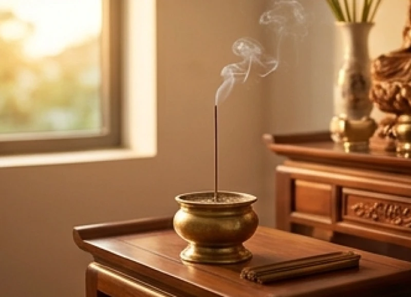 Văn khấn Phật hàng ngày tại gia: Bài cúng chuẩn nghi thức 5 Ngọn nhang trầm tỏa khói nhẹ nhàng trên bát hương bàn thờ Phật vào ban mai