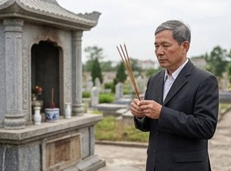 Văn khấn thần linh ngoài mộ: Bài cúng chuẩn tâm linh cho mọi dịp 2 Người đàn ông mặc trang phục lịch sự chắp tay thắp 3 nén hương trước ban thờ thần linh chung của khu nghĩa trang