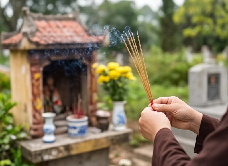 Văn khấn tảo mộ tiết Thanh Minh: 3 bài cúng chuẩn và giờ đẹp 5 Người đàn ông thành kính cầm nén hương đang cháy đỏ dâng lên miếu Quan Thần linh trước khi tiến hành dọn dẹp mộ