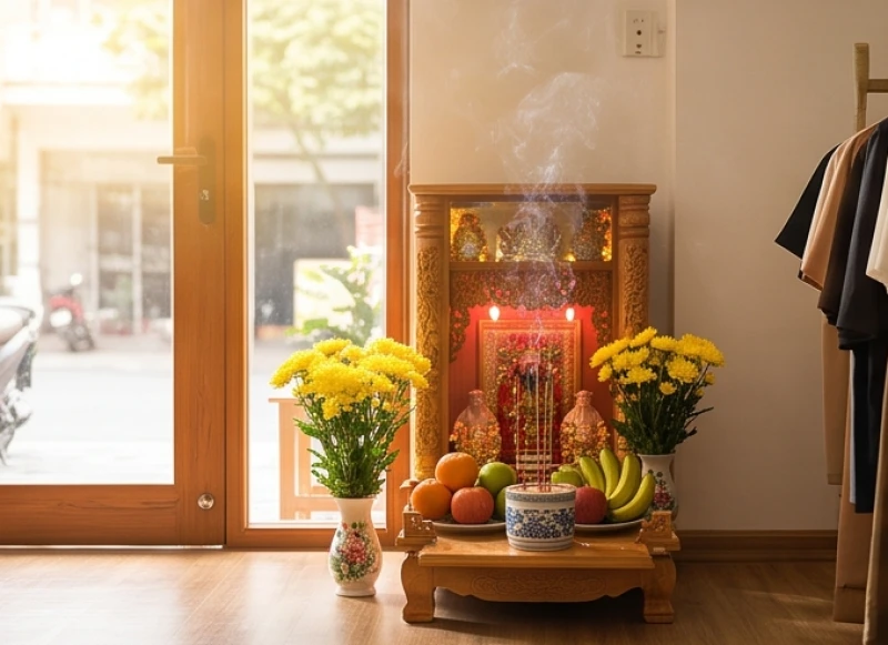 Văn khấn ngày rằm tại cửa hàng: Bài cúng Thần Tài và mâm lễ chuẩn 4 Không gian cửa hàng ngập nắng ban mai khi tiến hành thắp hương cúng rằm vào giờ Thìn