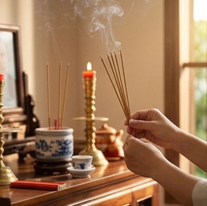 Bàn tay gia chủ đang cẩn thận thắp những nén nhang thơm lên bát hương gia tiên ngày rằm