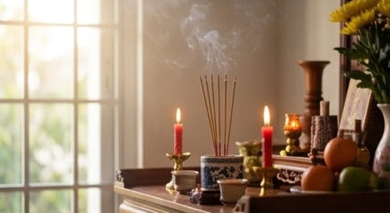 Văn khấn Tết Hạ Nguyên: Bài cúng chuẩn & trình tự tạ lễ 2 Gia chủ thắp hương tĩnh tâm trước ban thờ thần linh vào sáng rằm tháng Mười