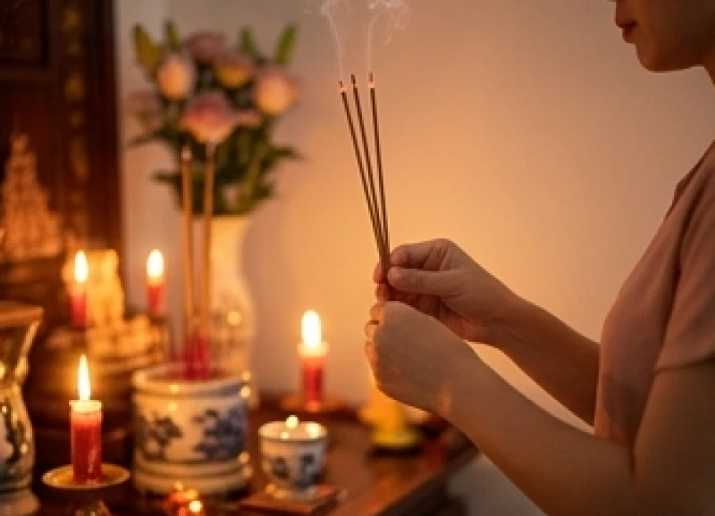 Gia chủ thành kính thắp nén nhang trên ban thờ trong đêm rằm Trung Thu