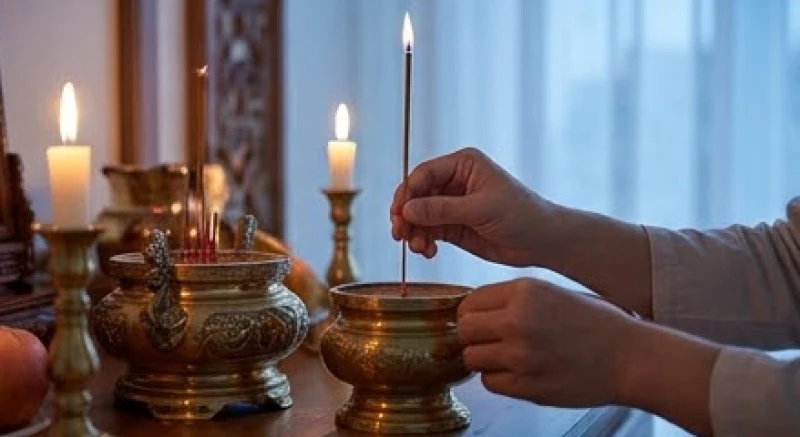 Thắp một nén hương trầm vào buổi sáng sớm khi không gian thờ tự còn tĩnh lặng