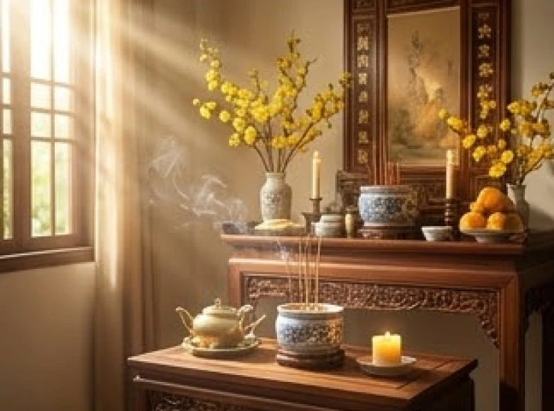Ban thờ gia tiên ngập tràn ánh nắng ấm áp và khói hương trầm thoang thoảng sáng mùng 1