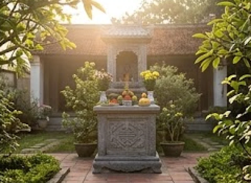 Không gian thờ cúng ngoài sân bừng sáng dưới ánh nắng dịu nhẹ của buổi bình minh thanh khiết