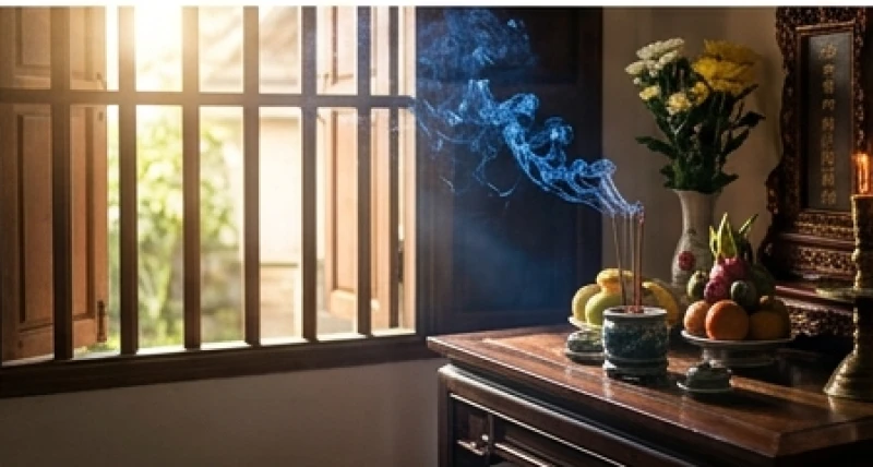 Ánh nắng ban mai chiếu rọi vào góc ban thờ khi gia chủ thành tâm thắp nén nhang đầu tiên của tháng mới