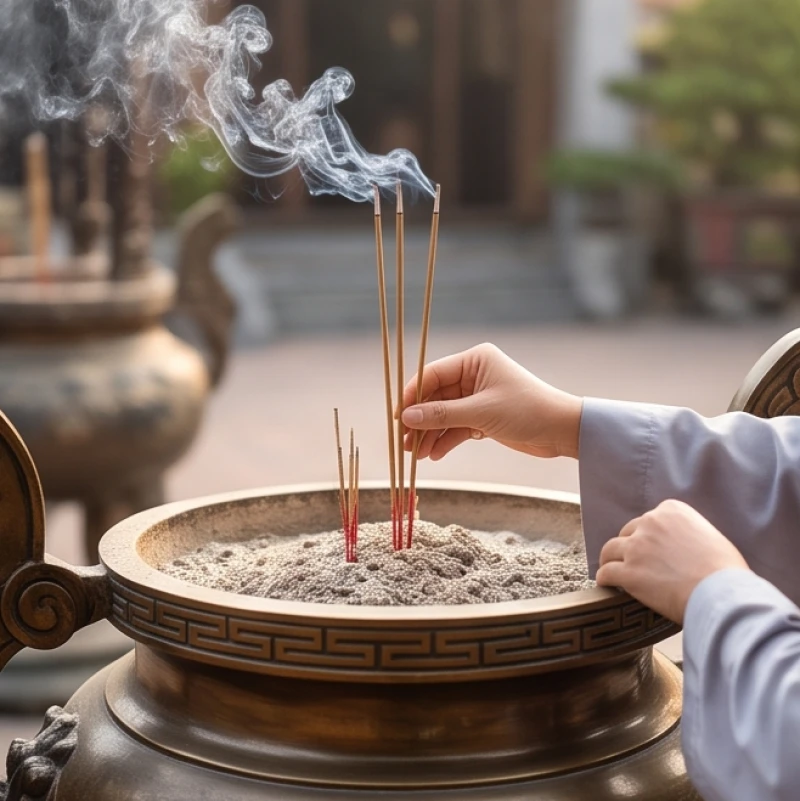 Văn khấn cầu an tại chùa: Bài khấn chuẩn và nghi thức từng ban 3 Người đi lễ cắm cẩn thận ba nén hương vào lư hương bằng đồng đặt trước sân đình chùa