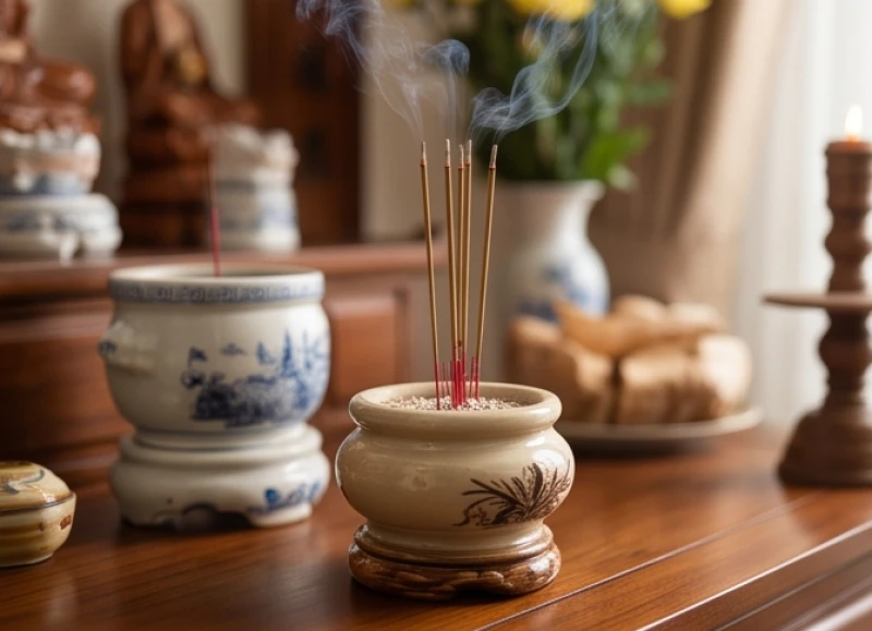 Bát hương trầm tỏa khói nghi ngút trên ban thờ Tứ Phủ tại gia đình