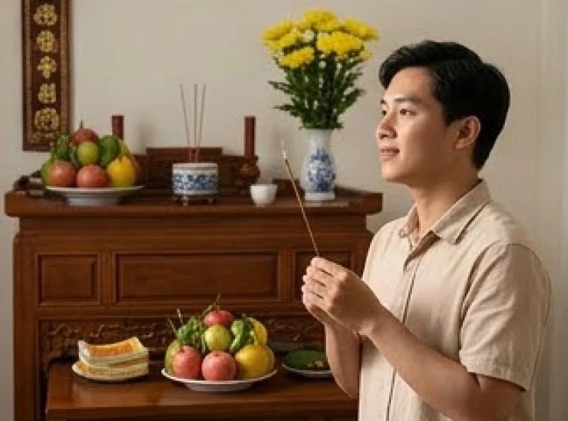 Người lữ khách sau khi trở về an toàn chắp tay thắp nén hương tạ ơn thần linh và gia tiên đã che chở suốt chặng đường