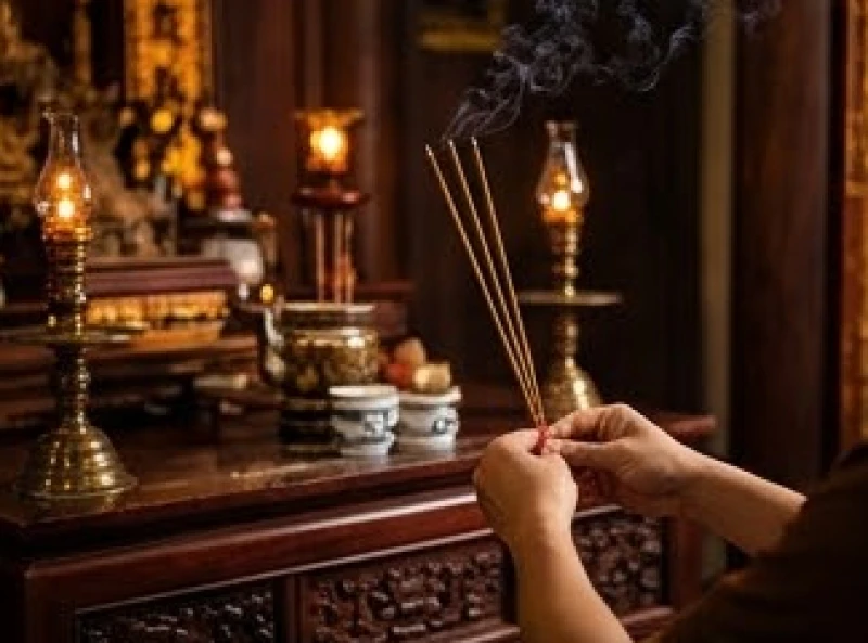 Tín chủ chắp tay thắp ba nén nhang thành kính tại ban thờ đền Hạ trong không khí tĩnh lặng