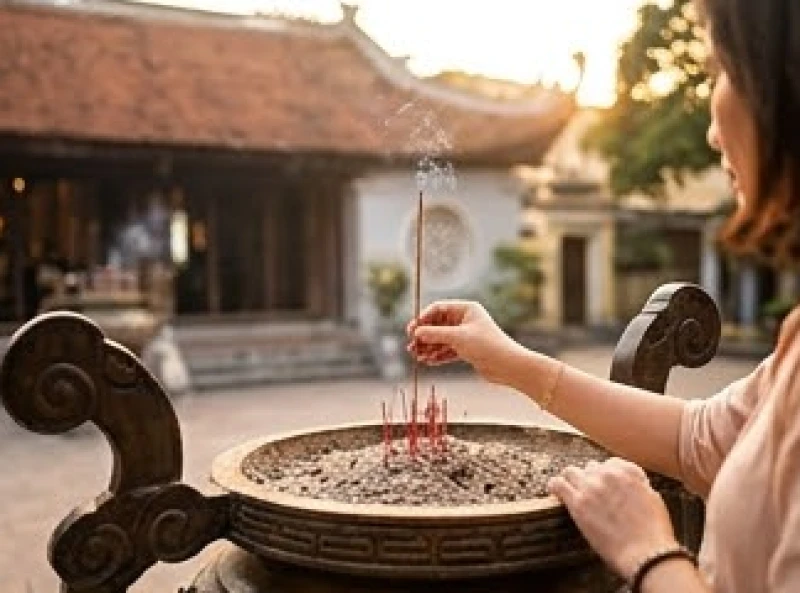 Văn khấn xin lộc Đền Quán Thánh: Bài chuẩn cầu tài lộc và sắm lễ 7 Người đi lễ thành tâm cắm nén hương đang cháy vào lư đồng lớn tại sân đền linh thiêng