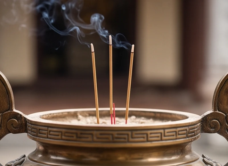 Bát hương lớn bằng đồng cắm ba nén nhang thẳng đứng đang tỏa khói trầm nghi ngút giữa sân thiền môn