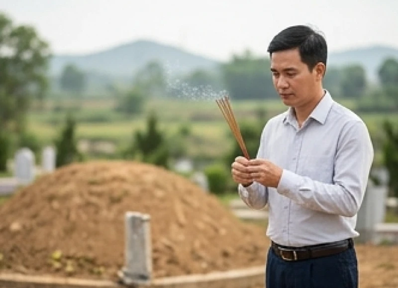 Văn khấn động thổ xây mộ: Bài cúng chuẩn và nghi thức tạ lễ 1 Người đại diện gia đình thắp hương bẩm báo tại huyệt mộ trong nghi lễ cúng động thổ