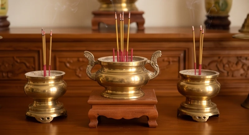 Văn khấn gia tiên mùng 1: Bài cúng chuẩn, giờ tốt & kiêng kỵ 3 Ba bát hương trên bàn thờ gia tiên với bát hương Thần linh được đặt cao nhất ở chính giữa